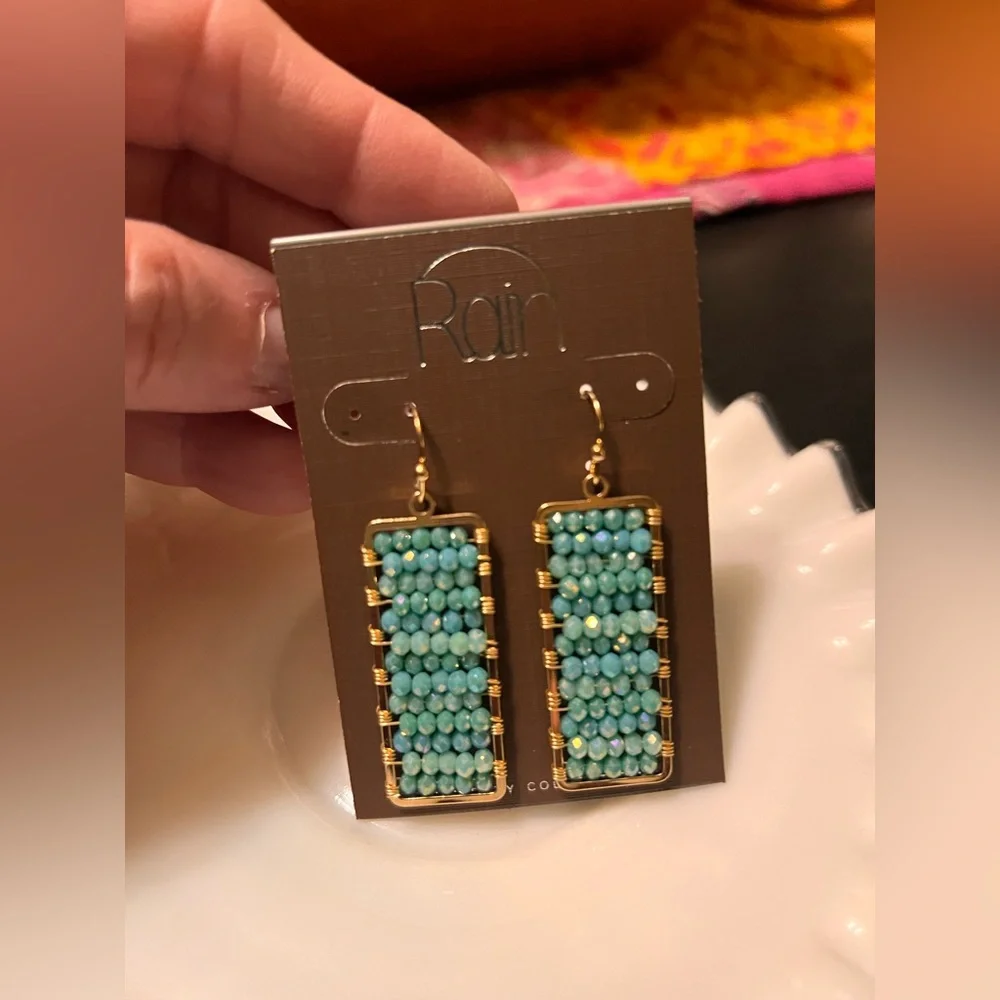 Gold-Trim Turquoise Beaded Rectangle Drop Earrings